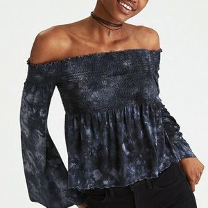 American Eagle Small Off the Shoulder Bell Sleeve Stretchy Top Peplum Tie Dye